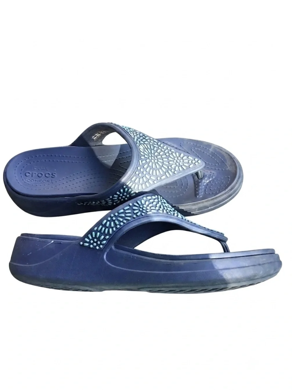 CROCS Monterey Embellished  Wedge Flip Flop NAVY Size 10 Boho Comfortable